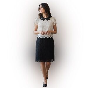 Betsey Johnson Lace Pearl-Collared Midi Dress Black & Cream Sz 6 Like New